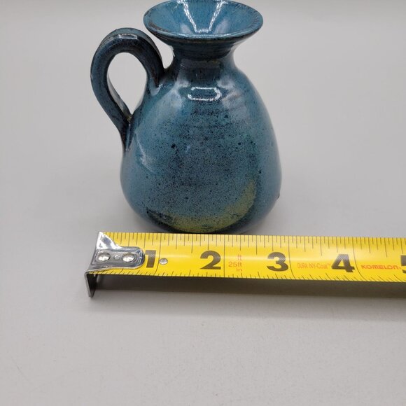 Handmade Blue Pottery Mini Jug Vase With Handle Artist Signed 4 Inch - Picture 8 of 9